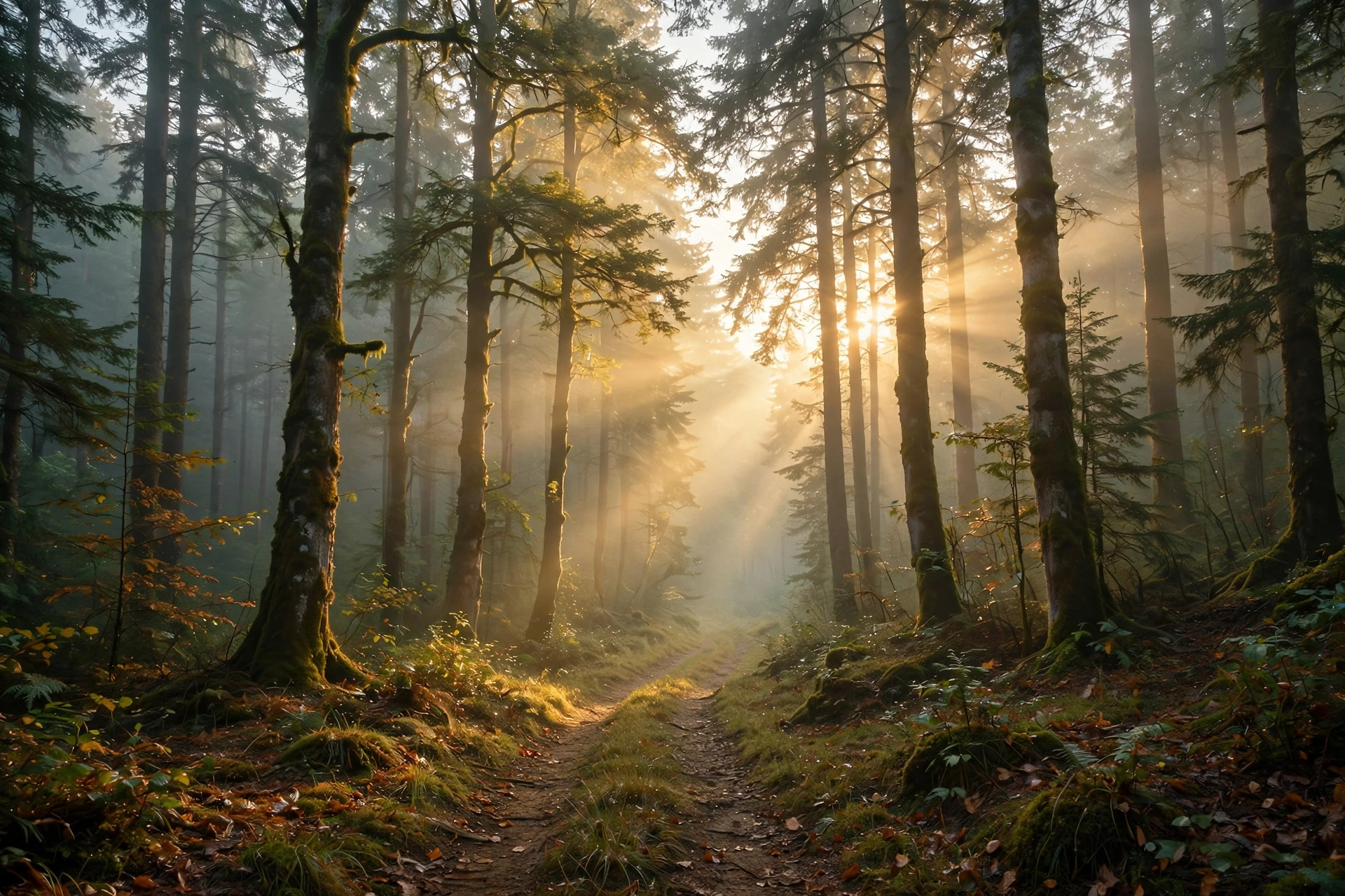 Sunlit forest path at dawn with golden rays through tall trees