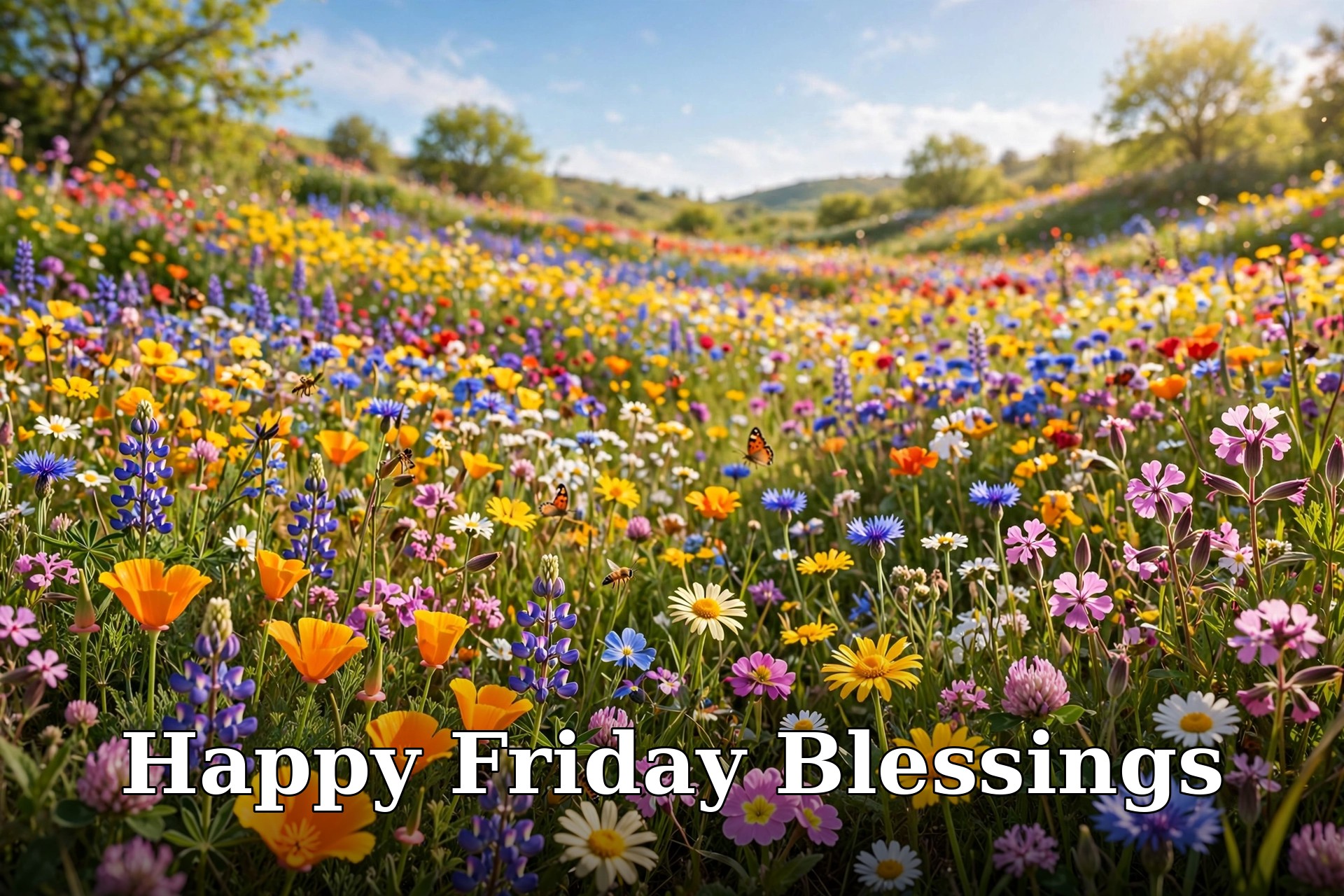 Happy Friday blessings wildflower field in sunshine, text overlay Happy Friday Blessings
