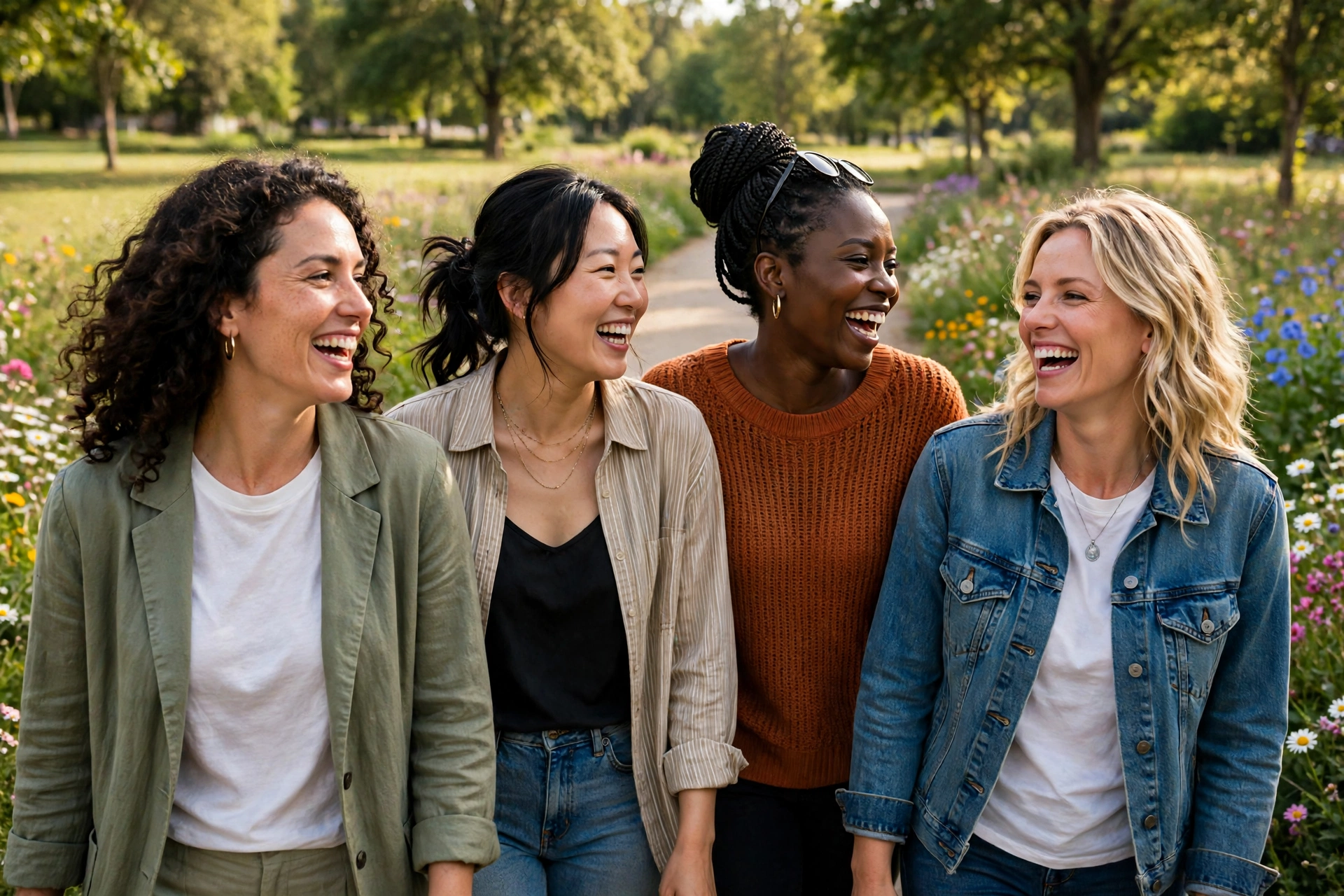 Close girlfriends walking and laughing together in a sunny park – cute sayings for girls about friendship