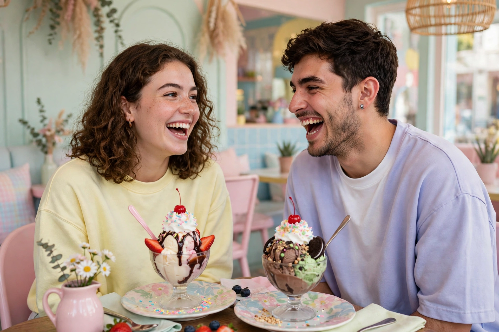 Two friends laughing over ice cream in a bright pastel cafe – funny cute sayings for girls