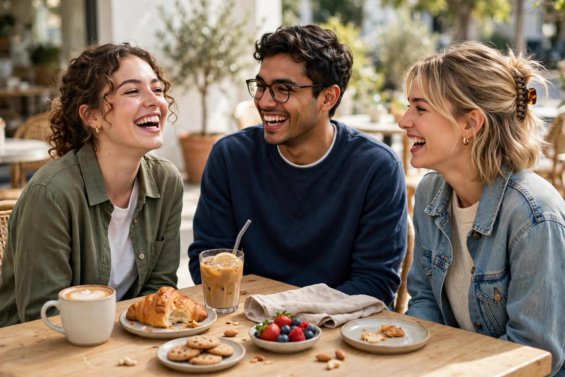 Friends laughing playfully over coffee