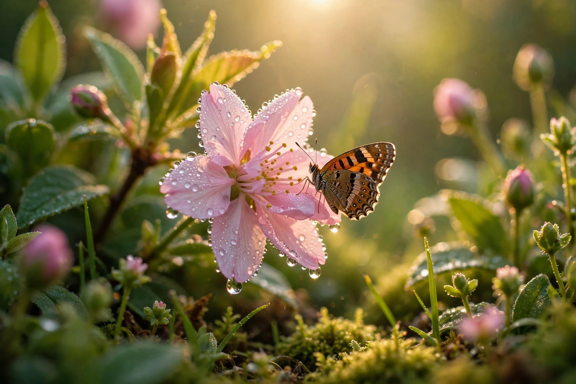 Garden flowers with morning dew and a butterfly at sunrise