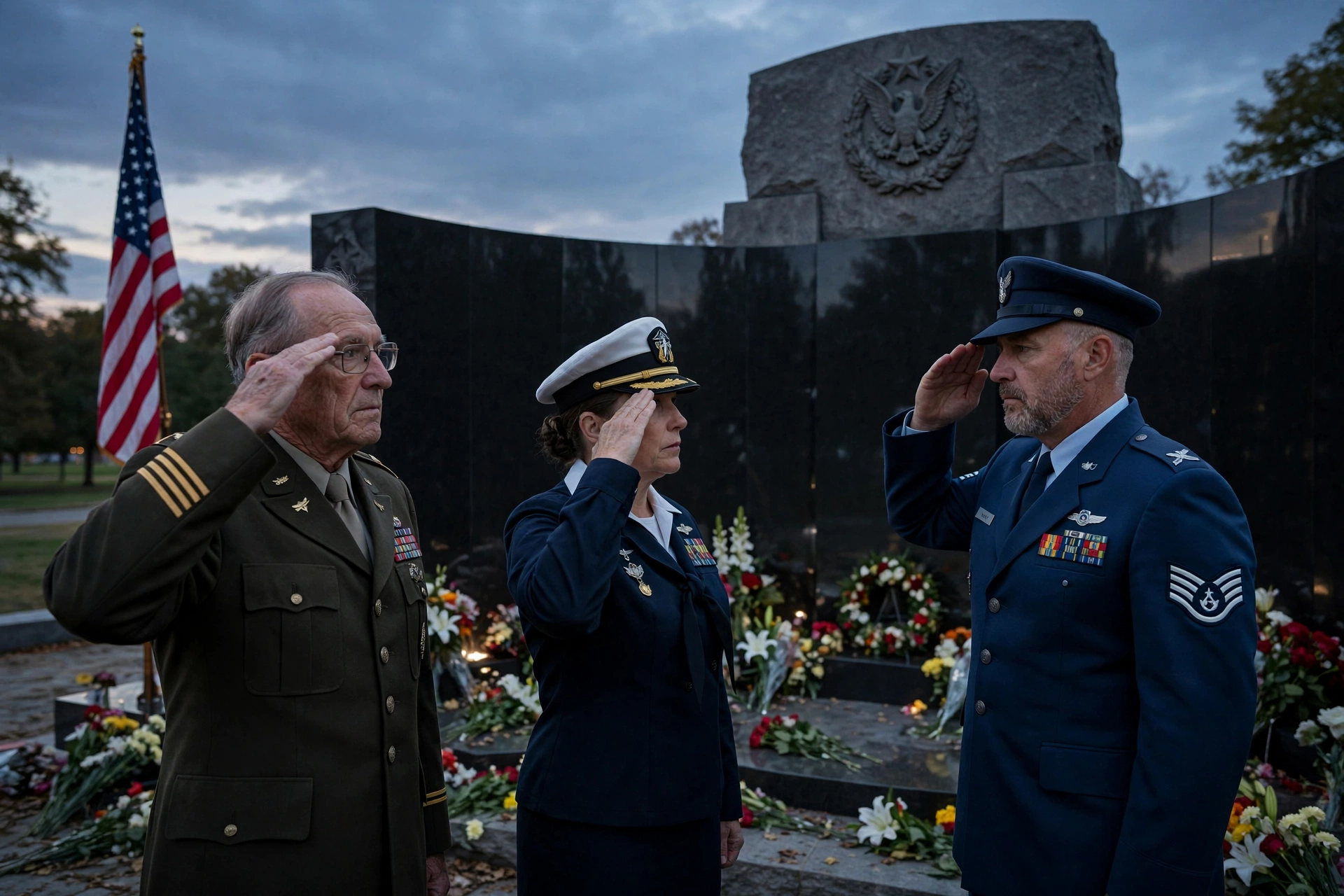 Veterans saluting at a war memorial at dusk while God Bless the U.S.A. honors their service