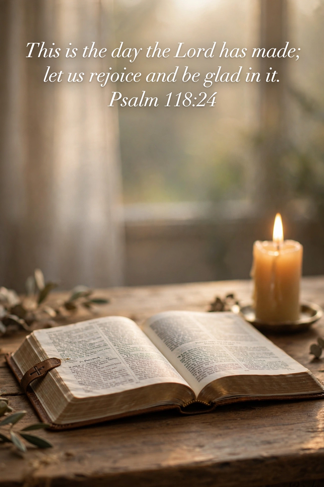 Bible verse image for Monday with open Bible and candle, Psalm 118:24