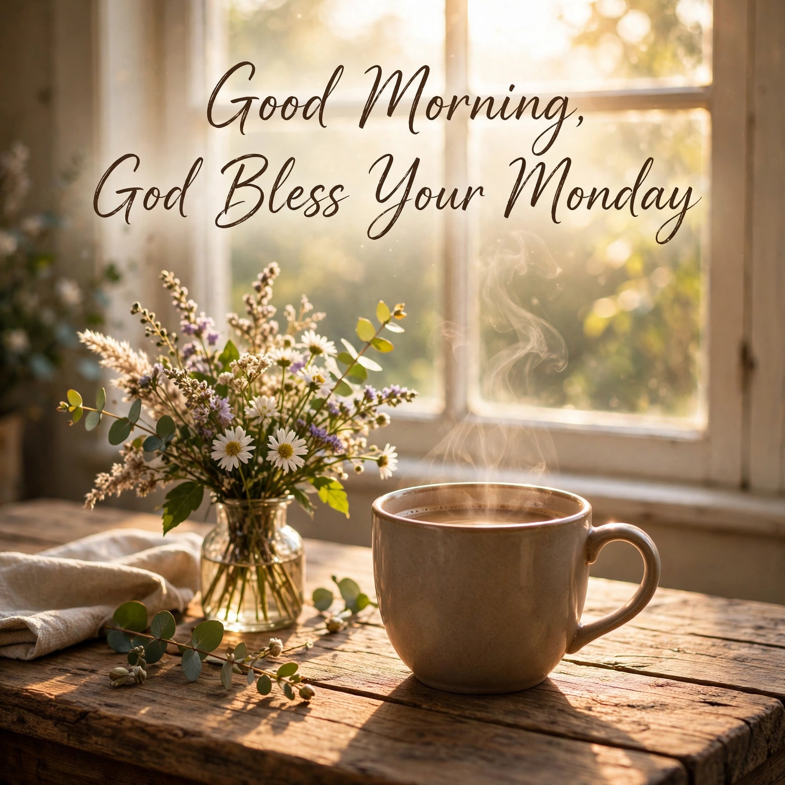 Good morning Monday blessing image with coffee and flowers saying God bless your Monday