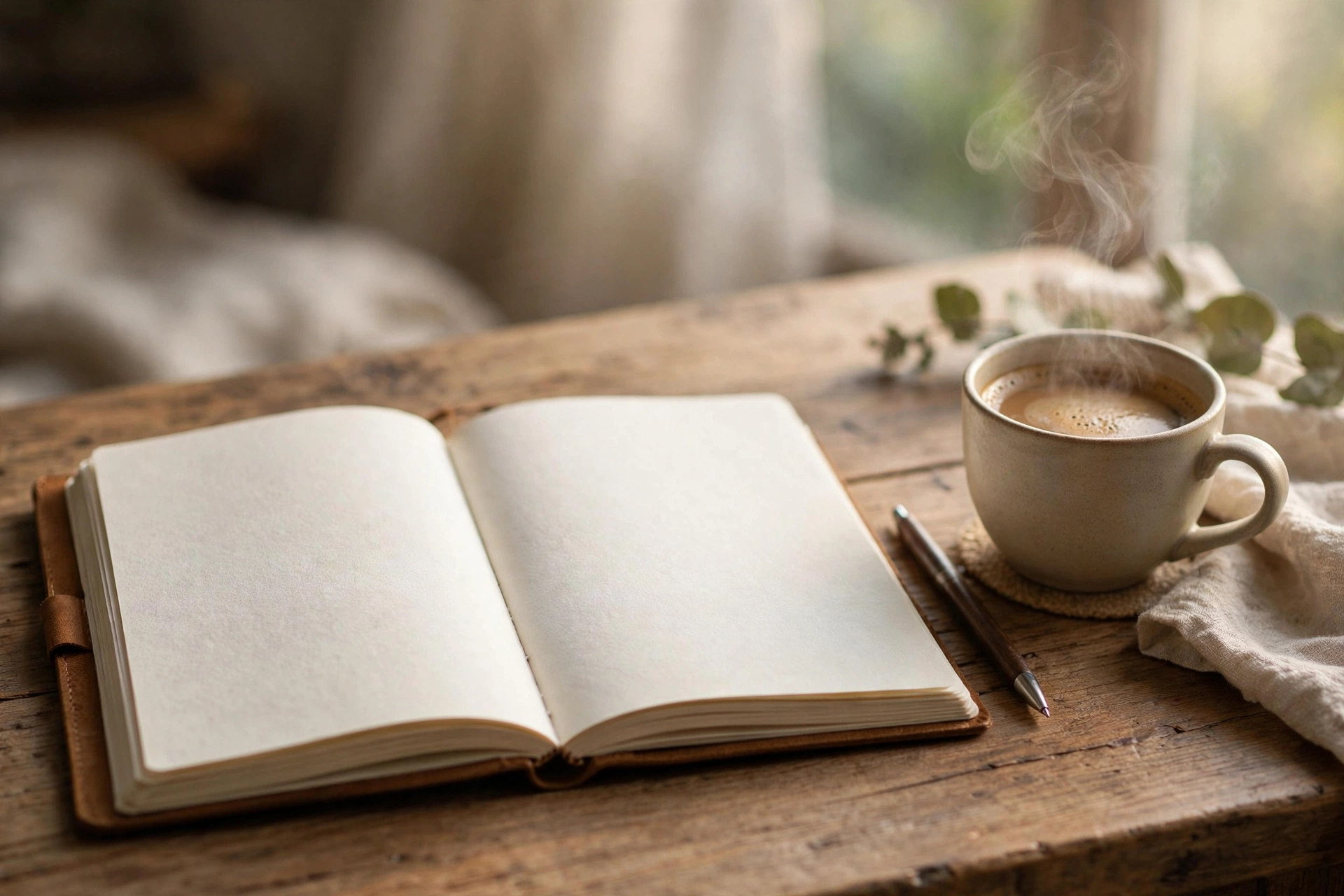 Gratitude journal with pen and coffee on a wooden desk in morning light