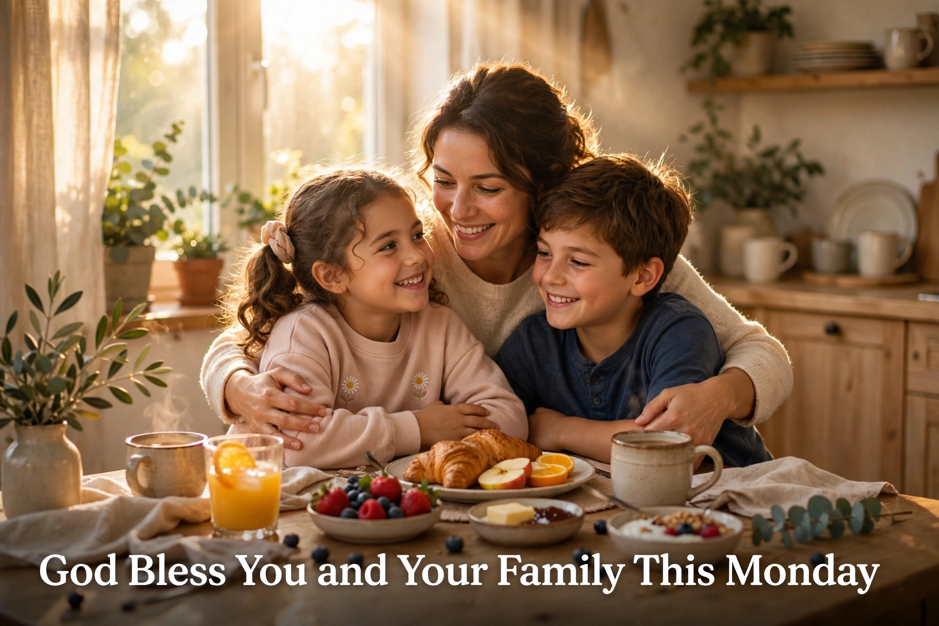 Happy Monday family blessing image, mother hugging children in sunny kitchen