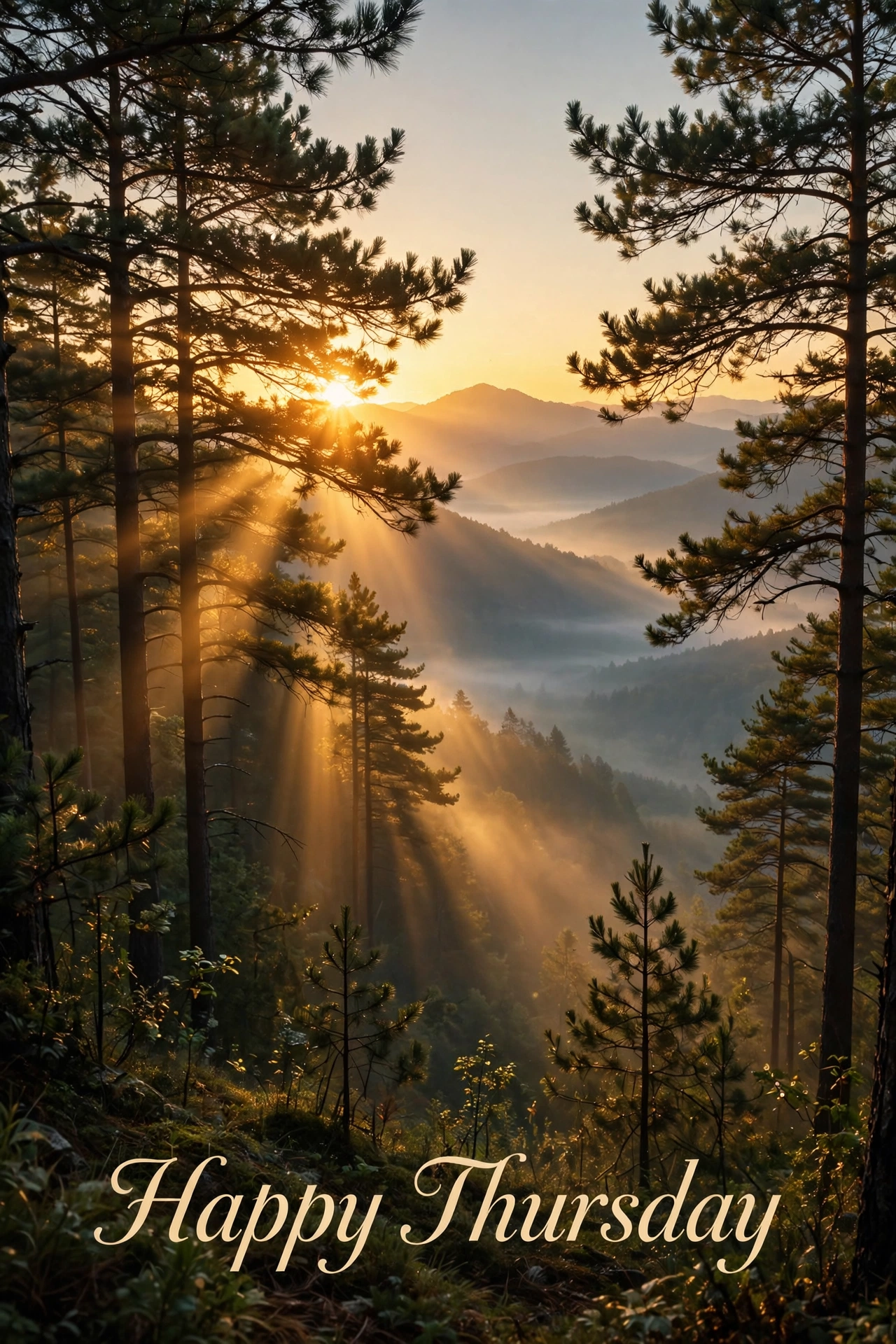 Happy Thursday blessings images: mountain sunrise with golden rays through pine trees