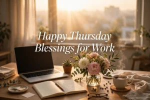 Happy Thursday images for work — sunlit office desk at sunrise with laptop, coffee and flowers