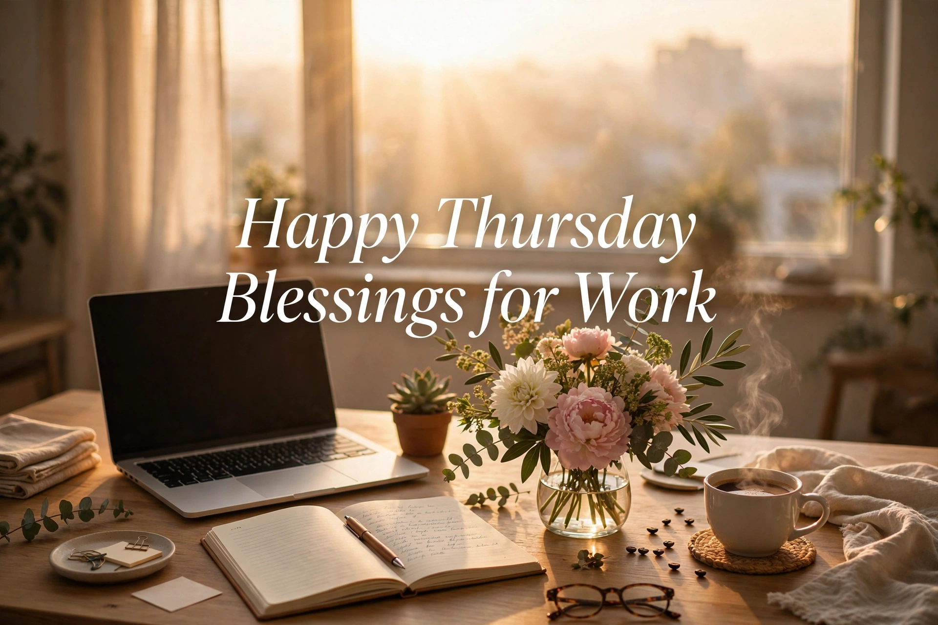 Happy Thursday images for work — sunlit office desk at sunrise with laptop, coffee and flowers