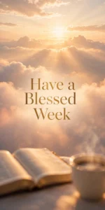 Have a Blessed Week - beautiful blessing image with sunrise, open Bible and coffee