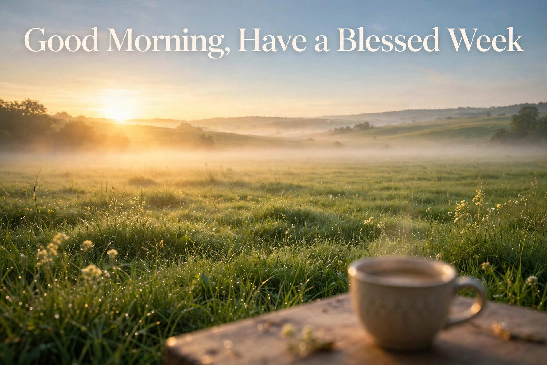 Good morning have a blessed week image with sunrise over a meadow