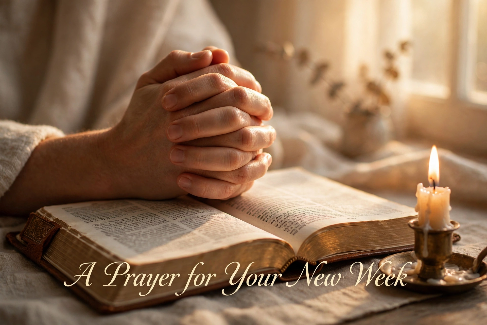 A prayer for your new week - folded hands on an open Bible with candle