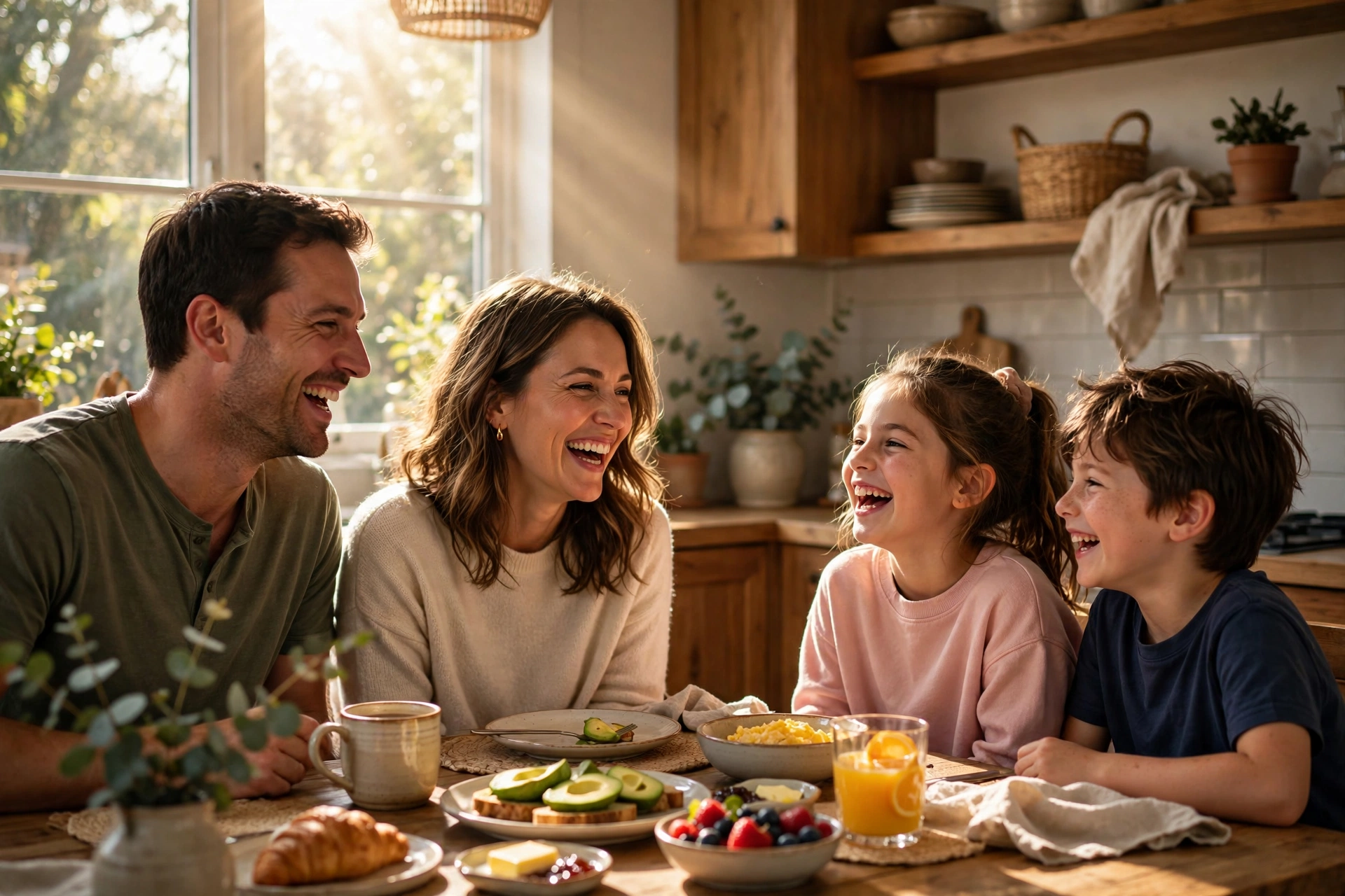 Happy blessed Tuesday for family — family laughing together over a sunny breakfast table
