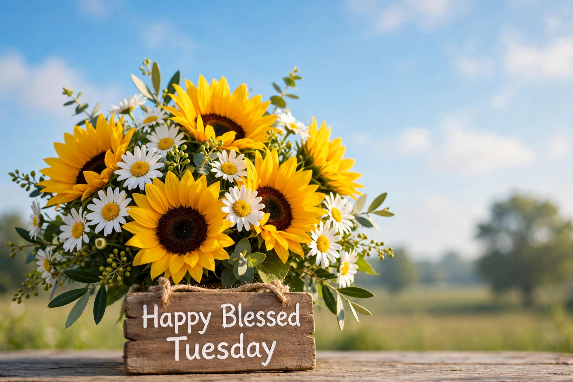 Shareable happy blessed Tuesday image — sunflowers and daisies with a wooden Happy Blessed Tuesday sign