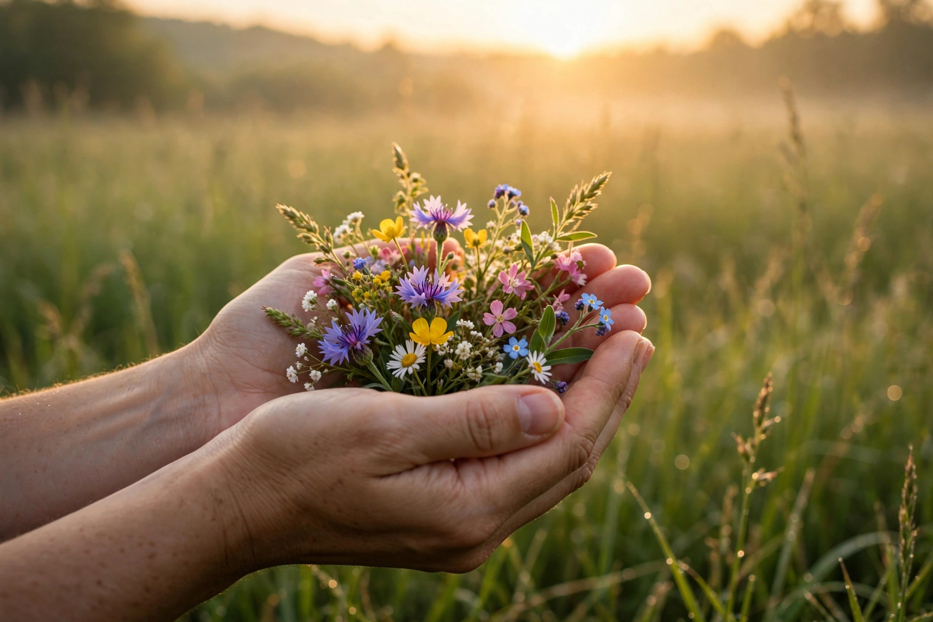 Thankful Tuesday gratitude image — open hands holding wildflowers at sunrise in a field