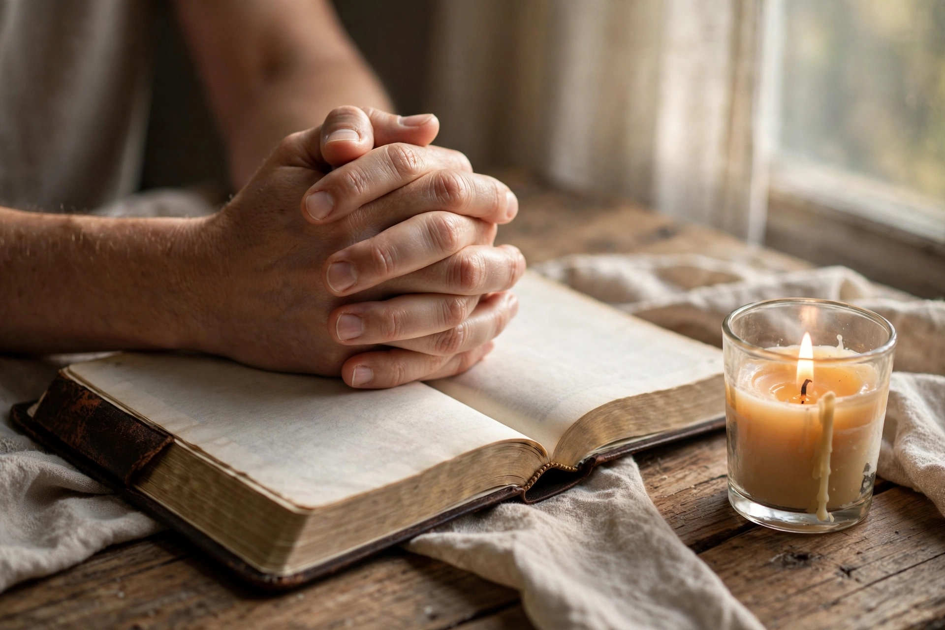 Tuesday morning prayer image — folded hands on an open Bible beside a lit candle in soft morning light