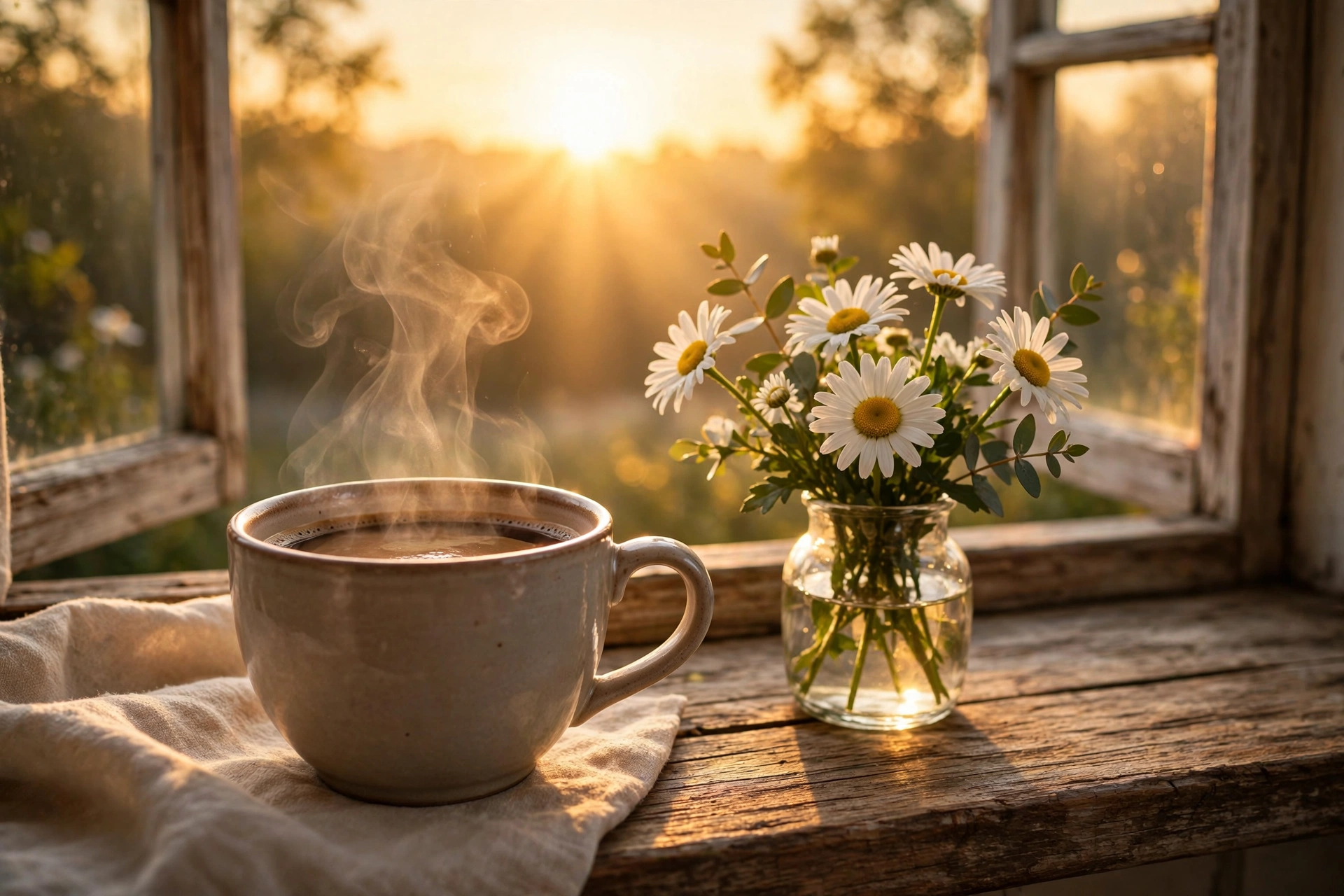 Good morning Tuesday blessings image — steaming coffee cup and daisies at a sunny window on Tuesday morning