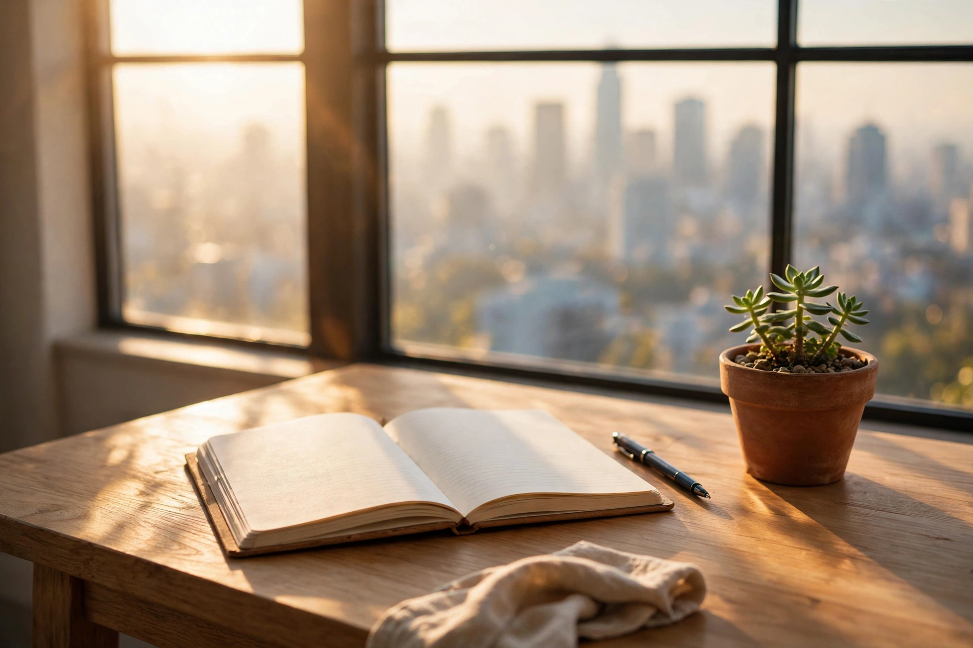 Inspirational Tuesday quote image — sunlit desk with notebook and plant, symbolizing Tuesday motivation and success