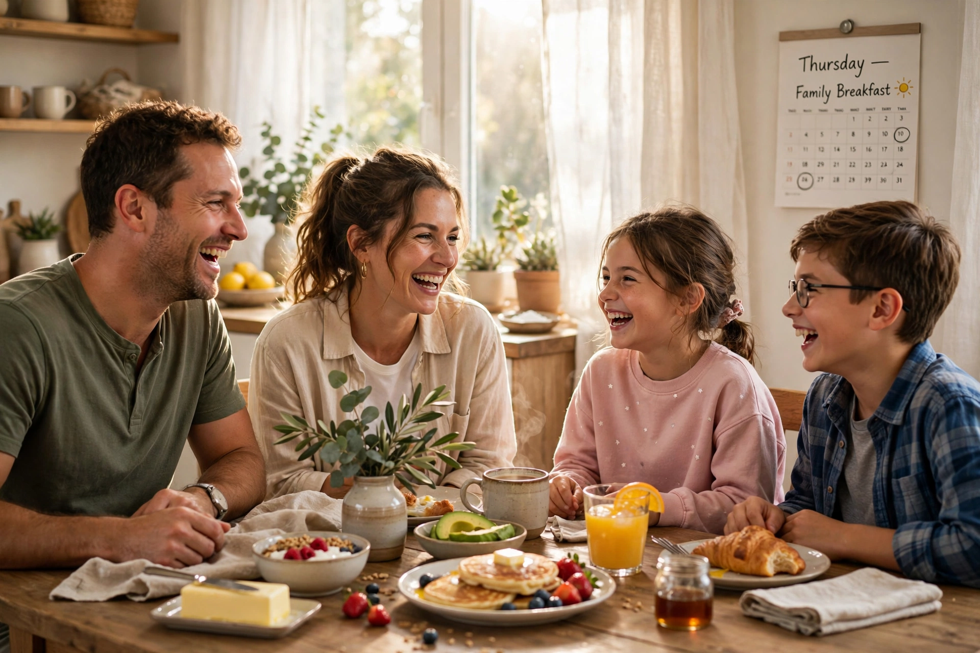 Happy blessed Thursday for family — family laughing together over a sunny breakfast table