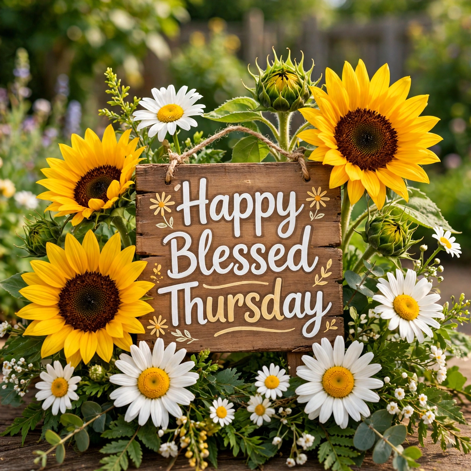Shareable happy blessed Thursday image — sunflowers and daisies with a wooden Happy Blessed Thursday sign