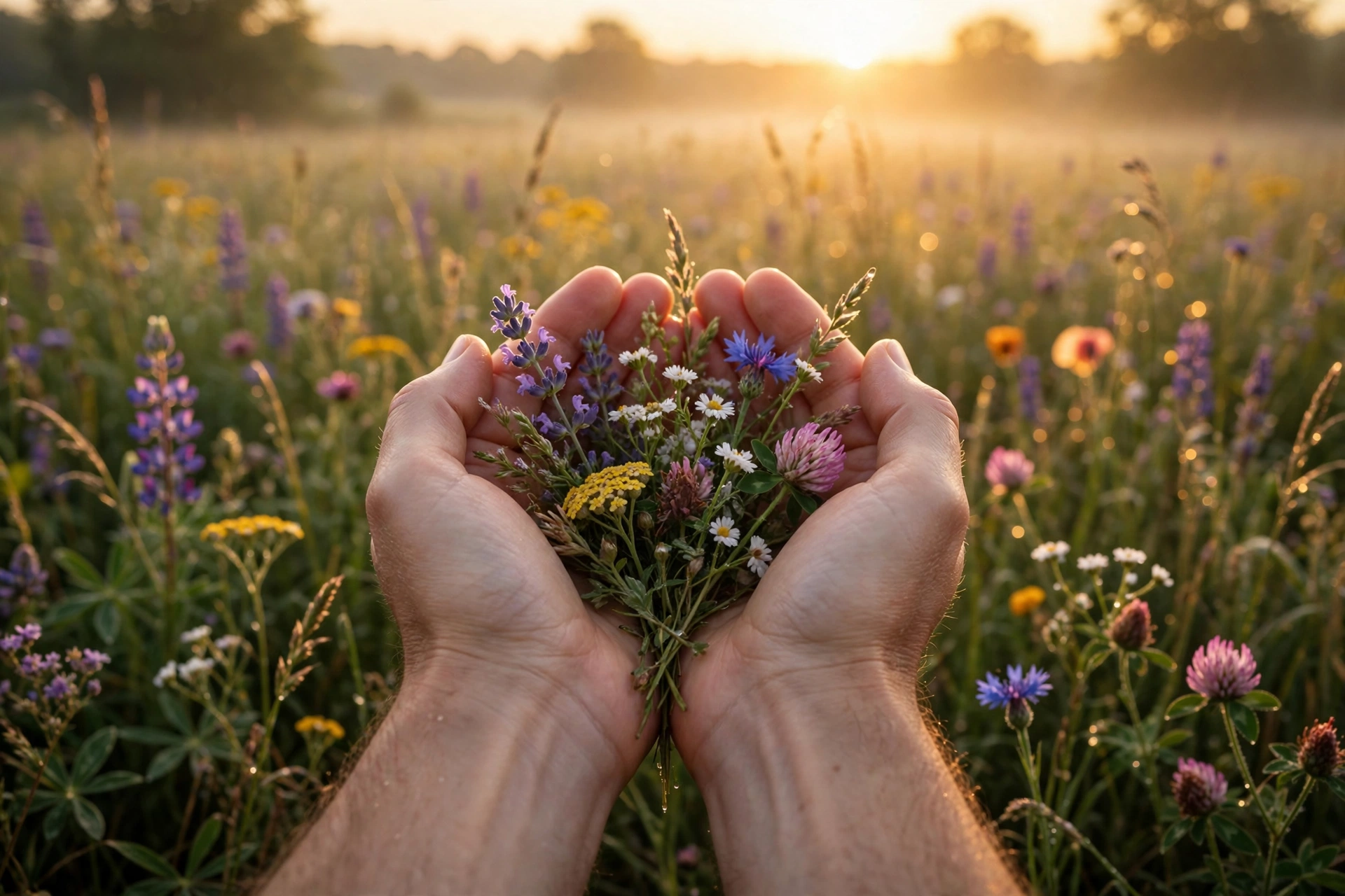 Thankful Thursday gratitude image — open hands holding wildflowers at sunrise in a field