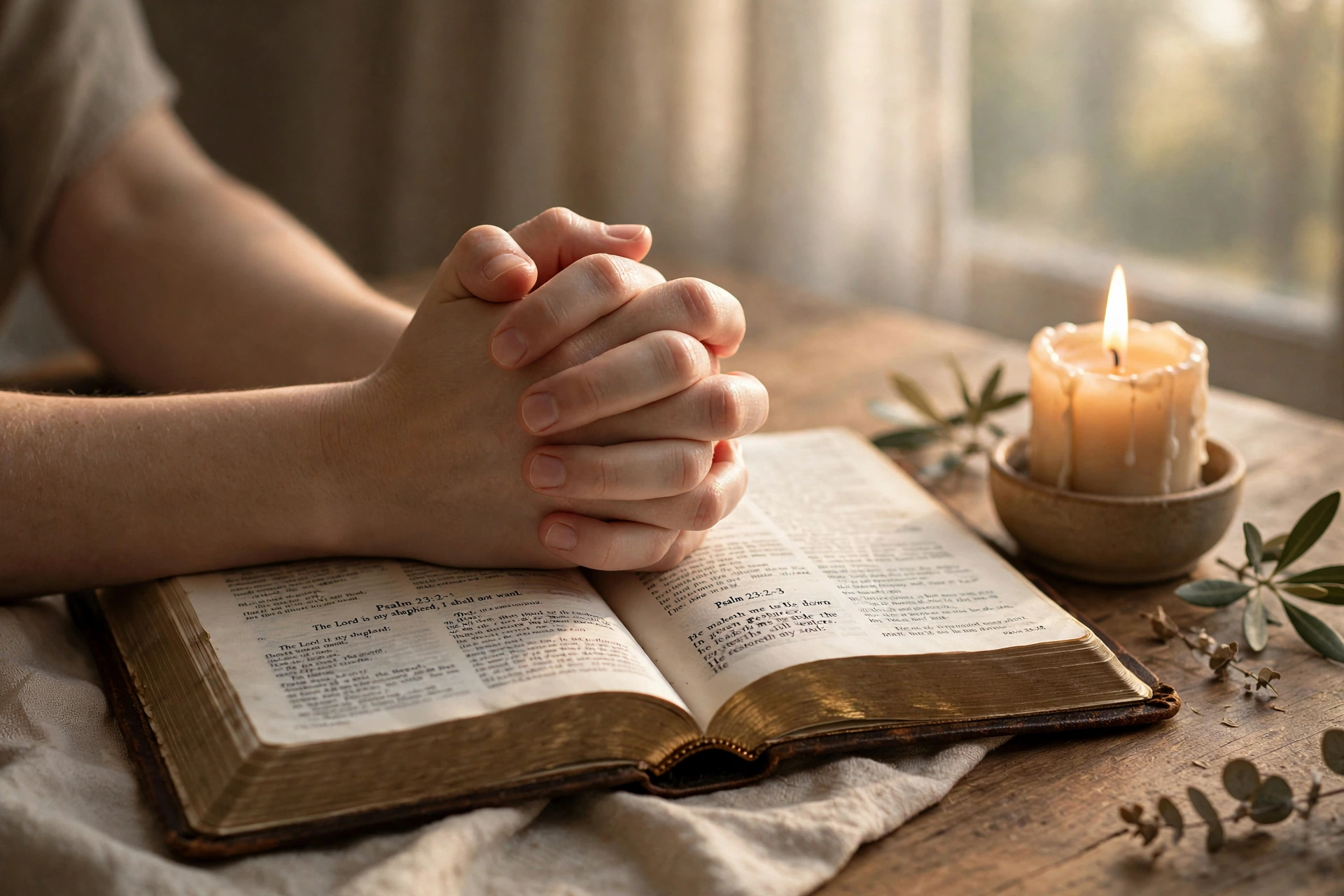 Thursday morning prayer image — folded hands on an open Bible beside a lit candle in soft morning light