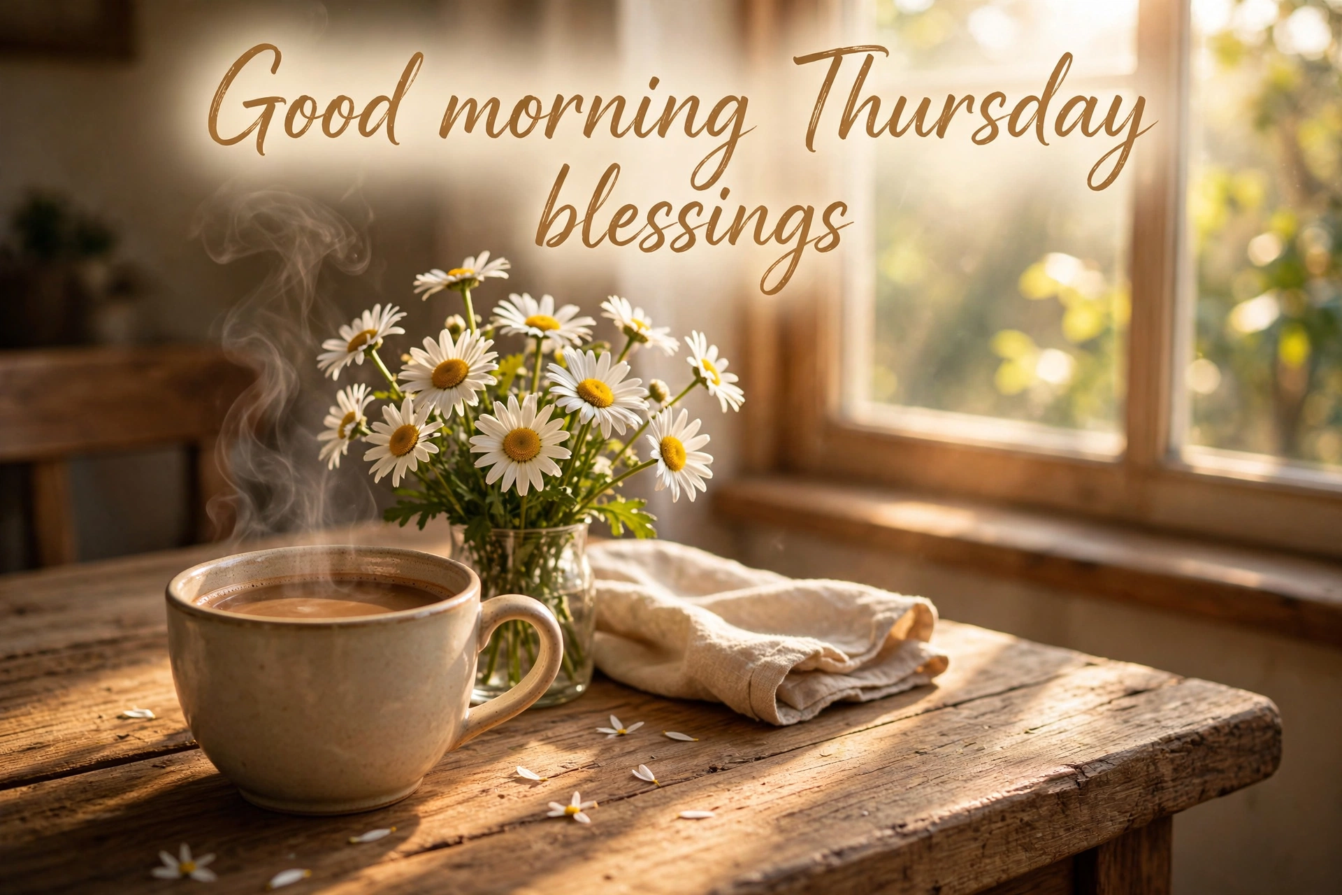 Good morning Thursday blessings image — steaming coffee cup and daisies at a sunny window on Thursday morning