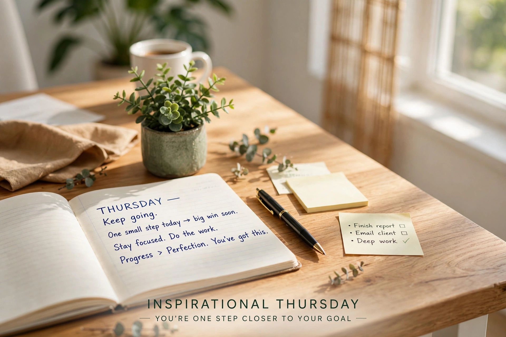 Inspirational Thursday quote image — sunlit desk with notebook and plant, symbolizing Thursday motivation and success