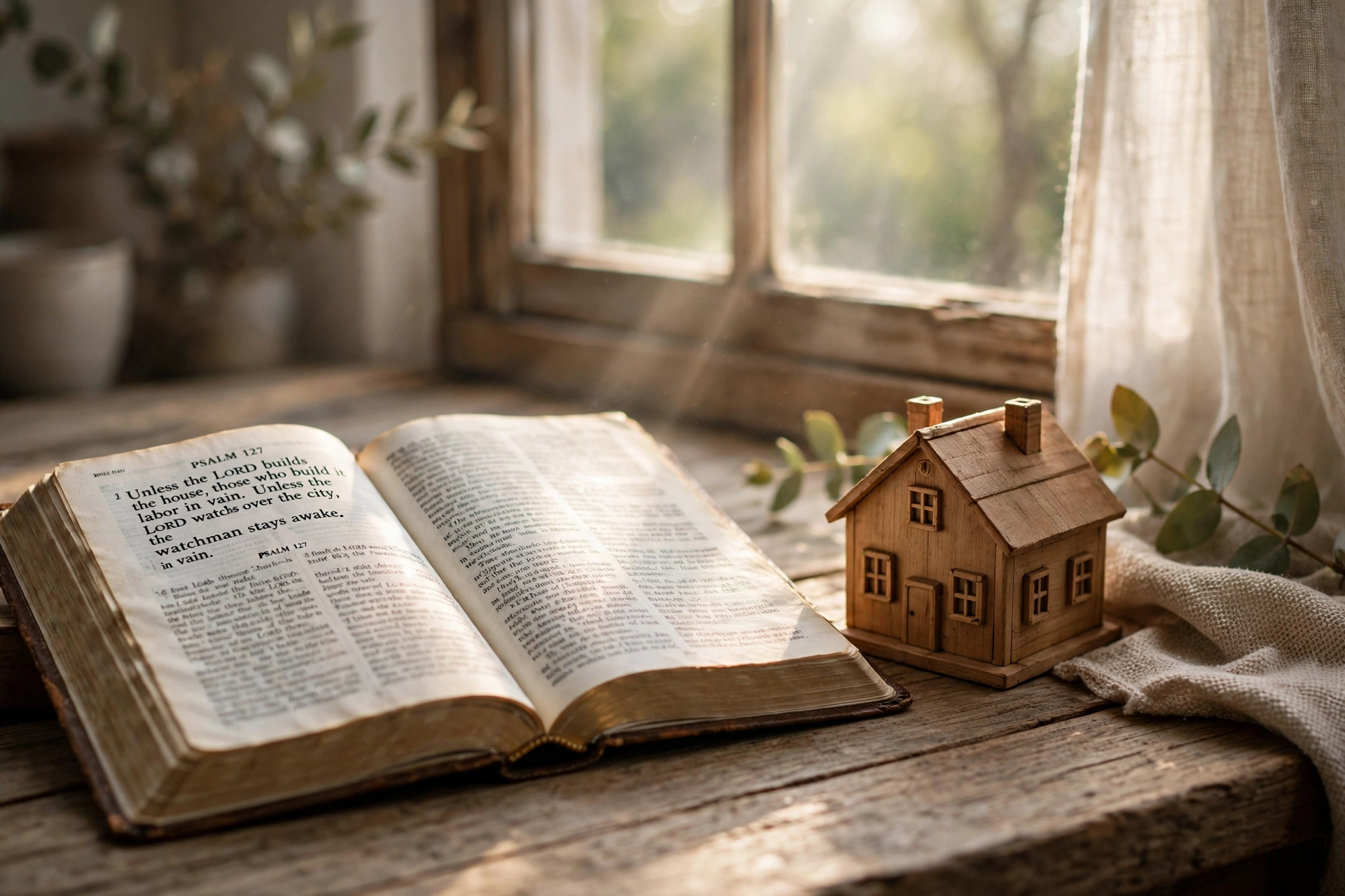 Open Bible on a wooden table beside a small house model during a house blessing prayer