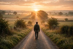 I am done quotes featured image of a person walking away on a country road toward the sunrise
