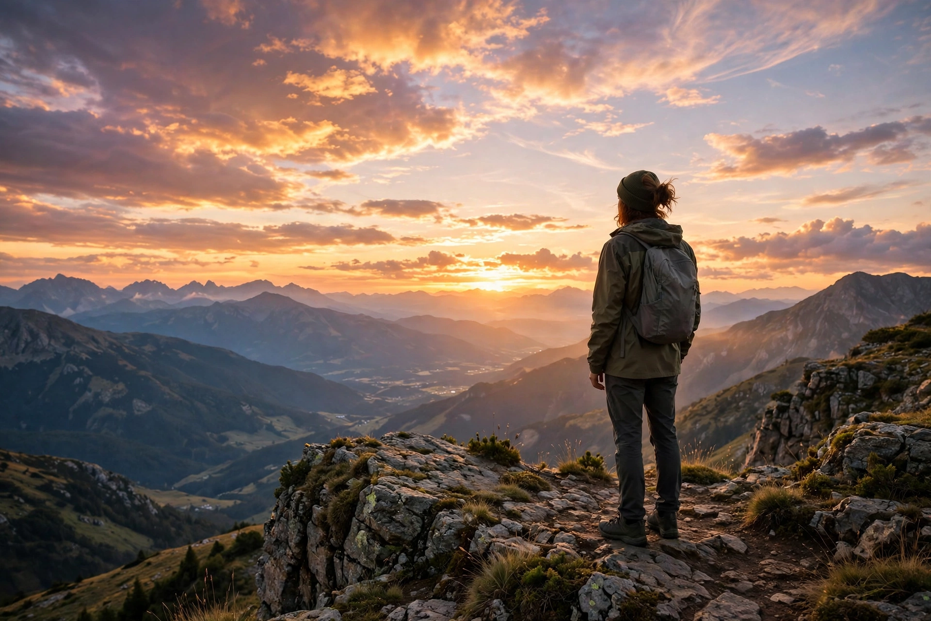 Person standing at a mountain viewpoint at sunset feeling free and at peace