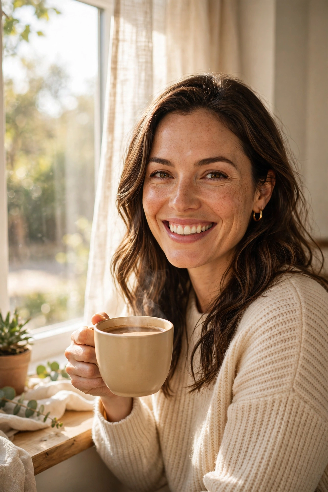 Confident woman smiling with a cup of coffee by a bright window