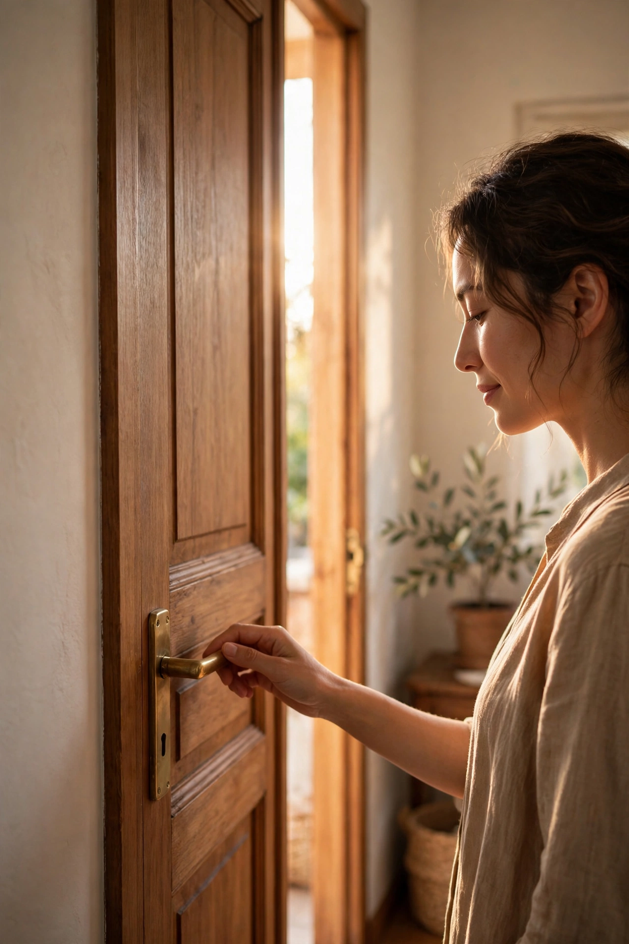 Person gently closing a wooden door in soft warm light