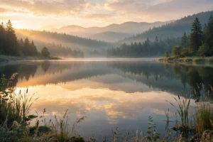 A done quote sunrise over a quiet lake as morning light breaks through clouds