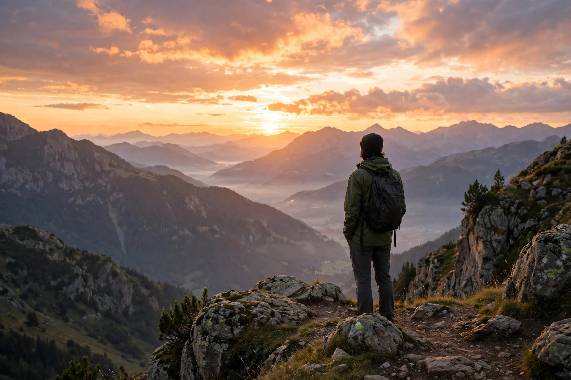 Person standing at a mountain viewpoint at sunset feeling free and at peace