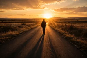 Silhouette of a person walking away on a road at sunset — I'm done quotes featured image