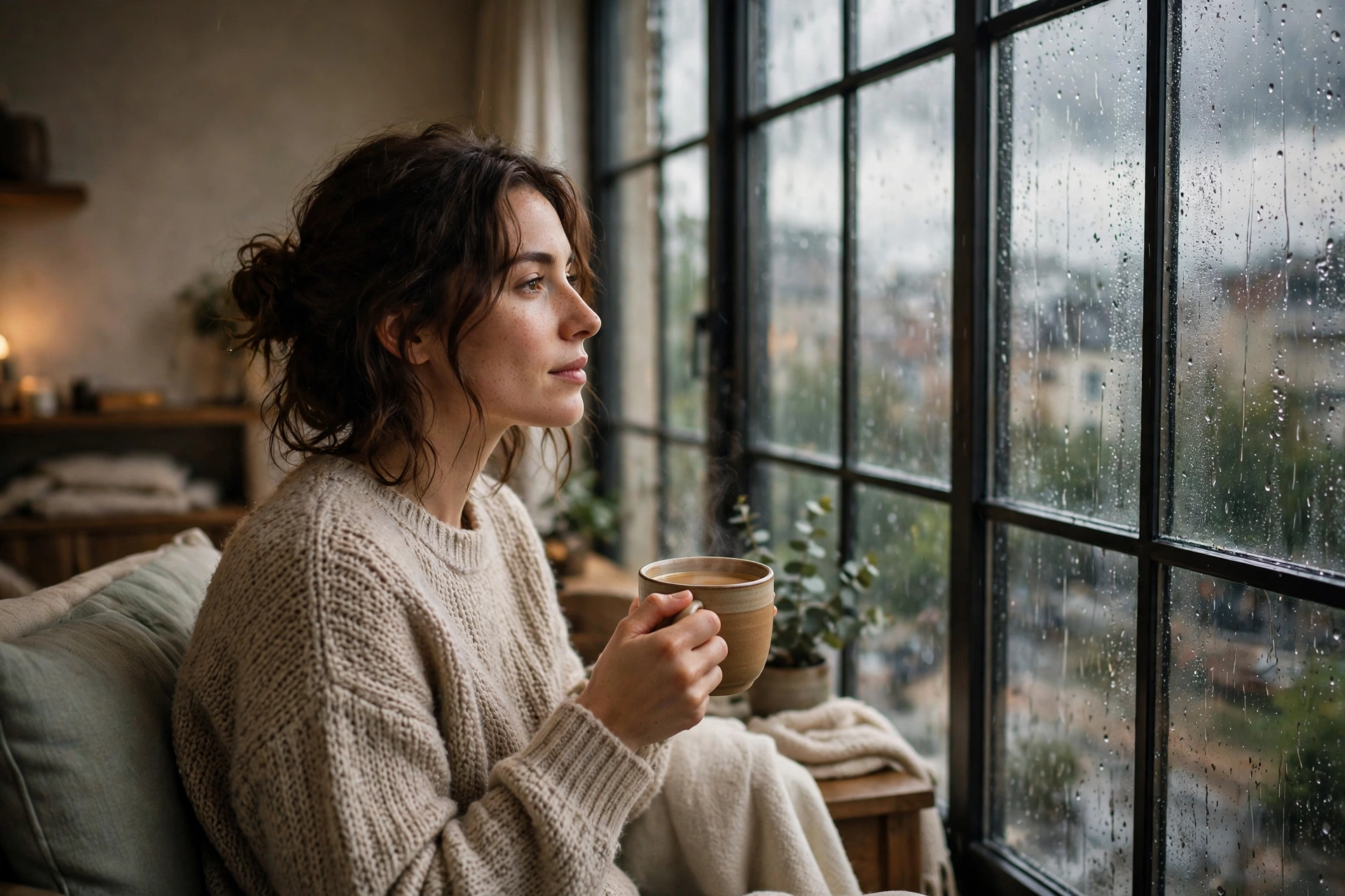 Rain on a window during quiet reflection after being done