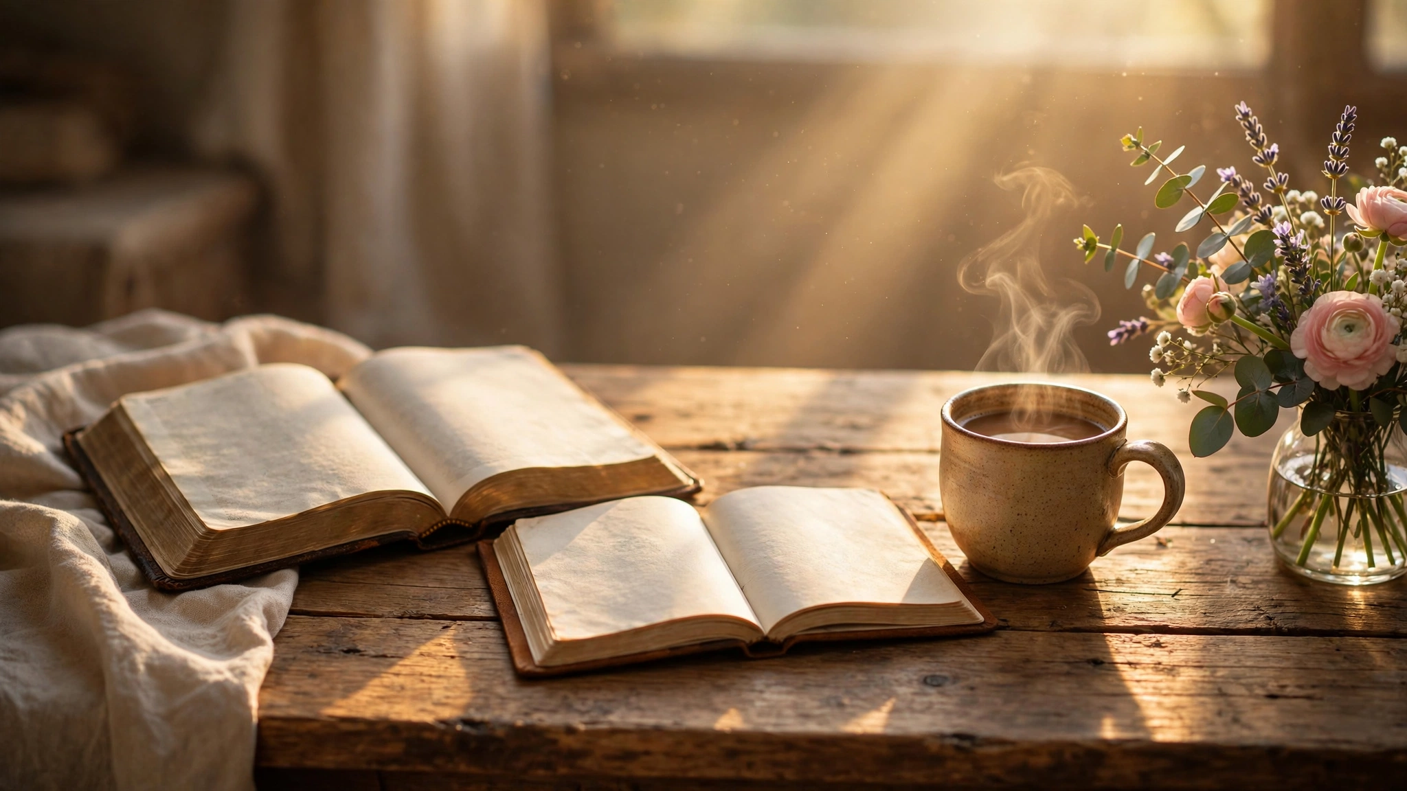 Open Bible and journal on a table with coffee and flowers in soft morning light