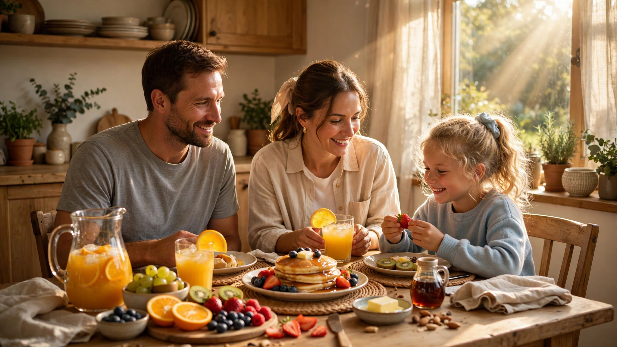 Sunlit Sunday morning family breakfast table with pancakes, fresh fruit, and orange juice