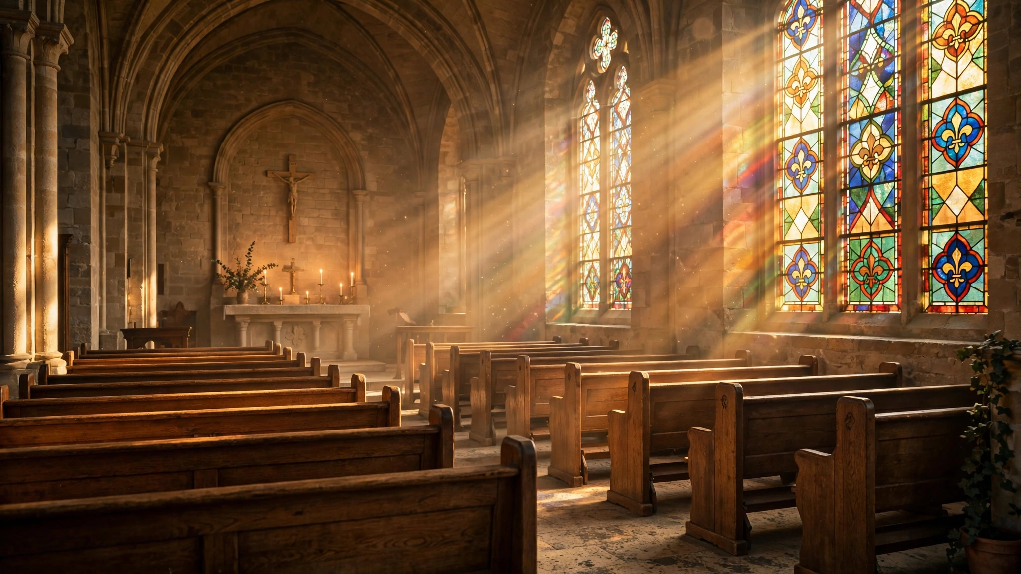Warm sunlight streaming through stained-glass windows inside a peaceful church