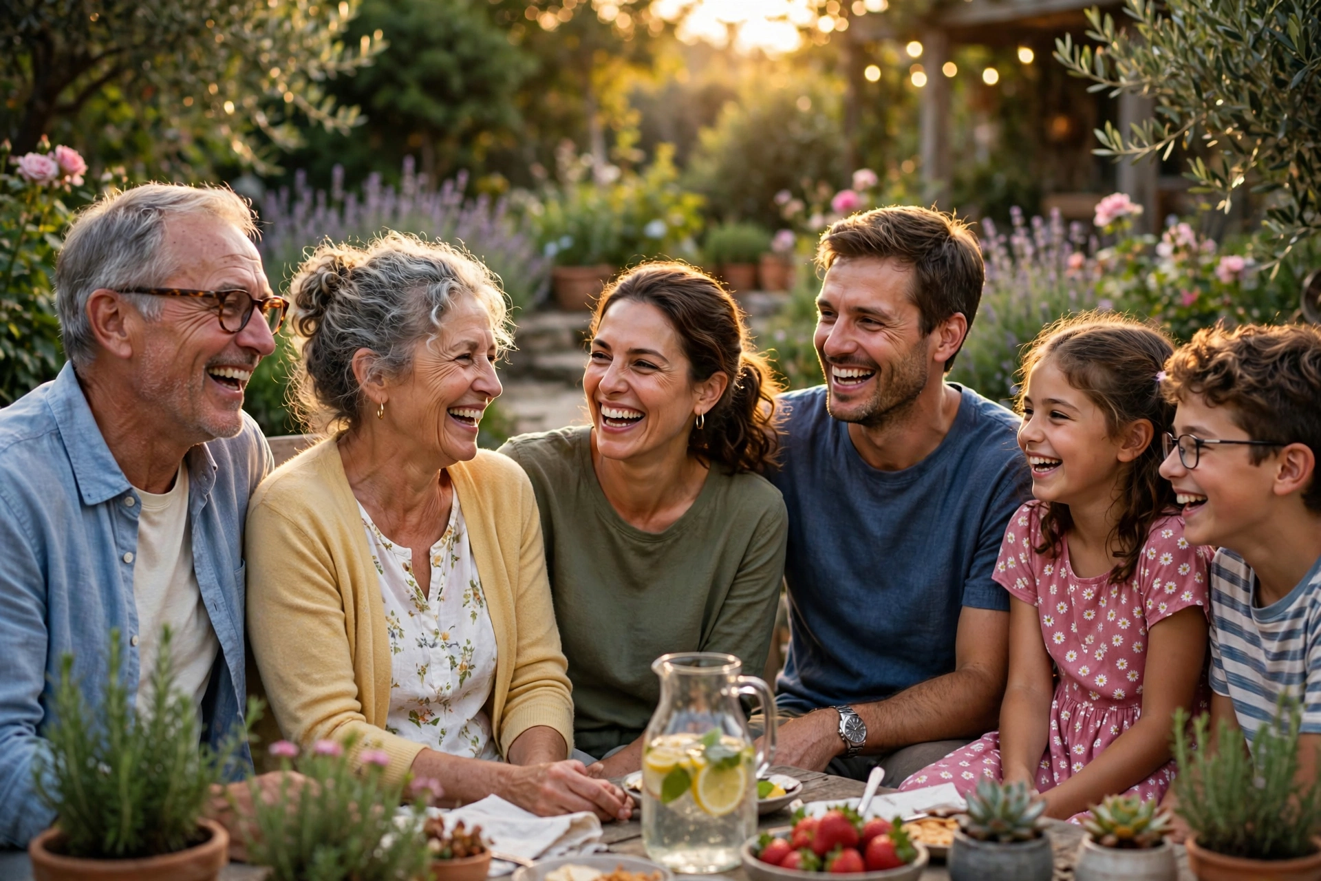 Family laughing together around an outdoor garden table in warm Sunday golden-hour light