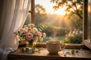 a steaming coffee cup and pink flowers on a windowsill with warm Sunday morning sunrise light