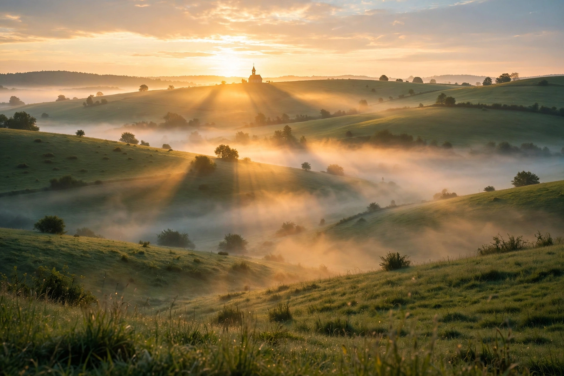 Peaceful sunrise over rolling hills with a small church silhouette on the horizon