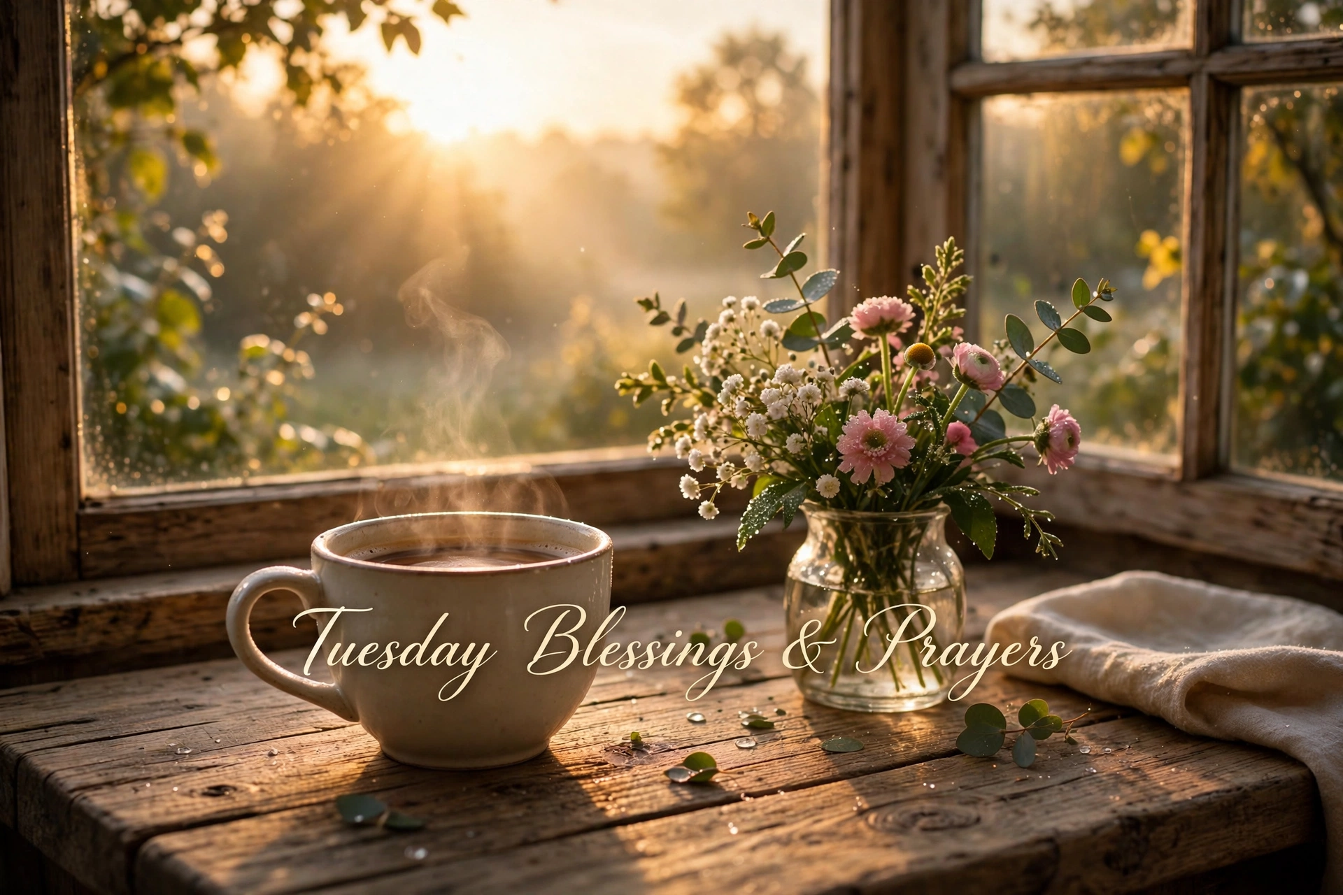 Tuesday Blessings and Prayers image — warm sunrise over coffee and flowers