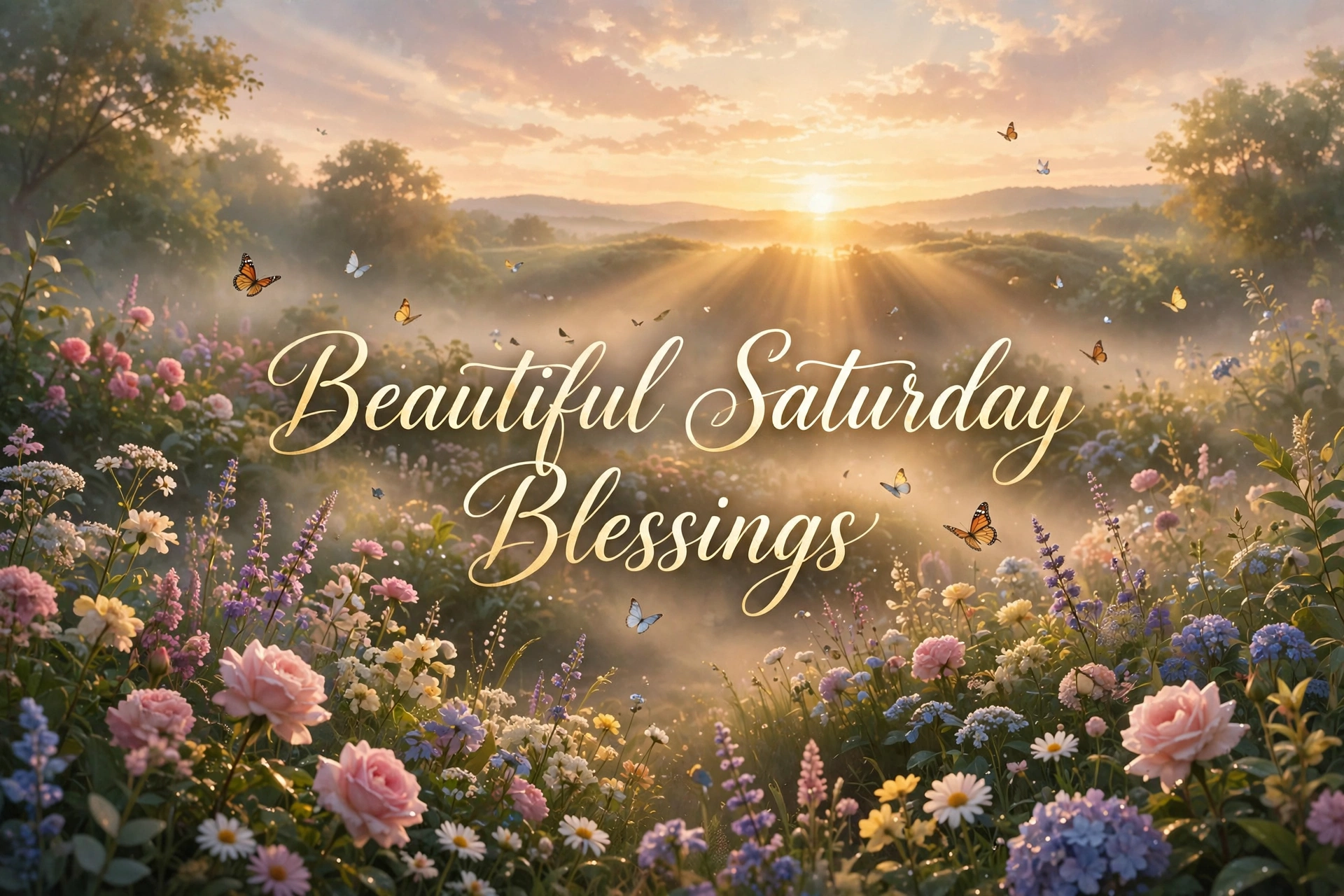 Beautiful Saturday Blessings featured image — sunrise over a blooming flower garden