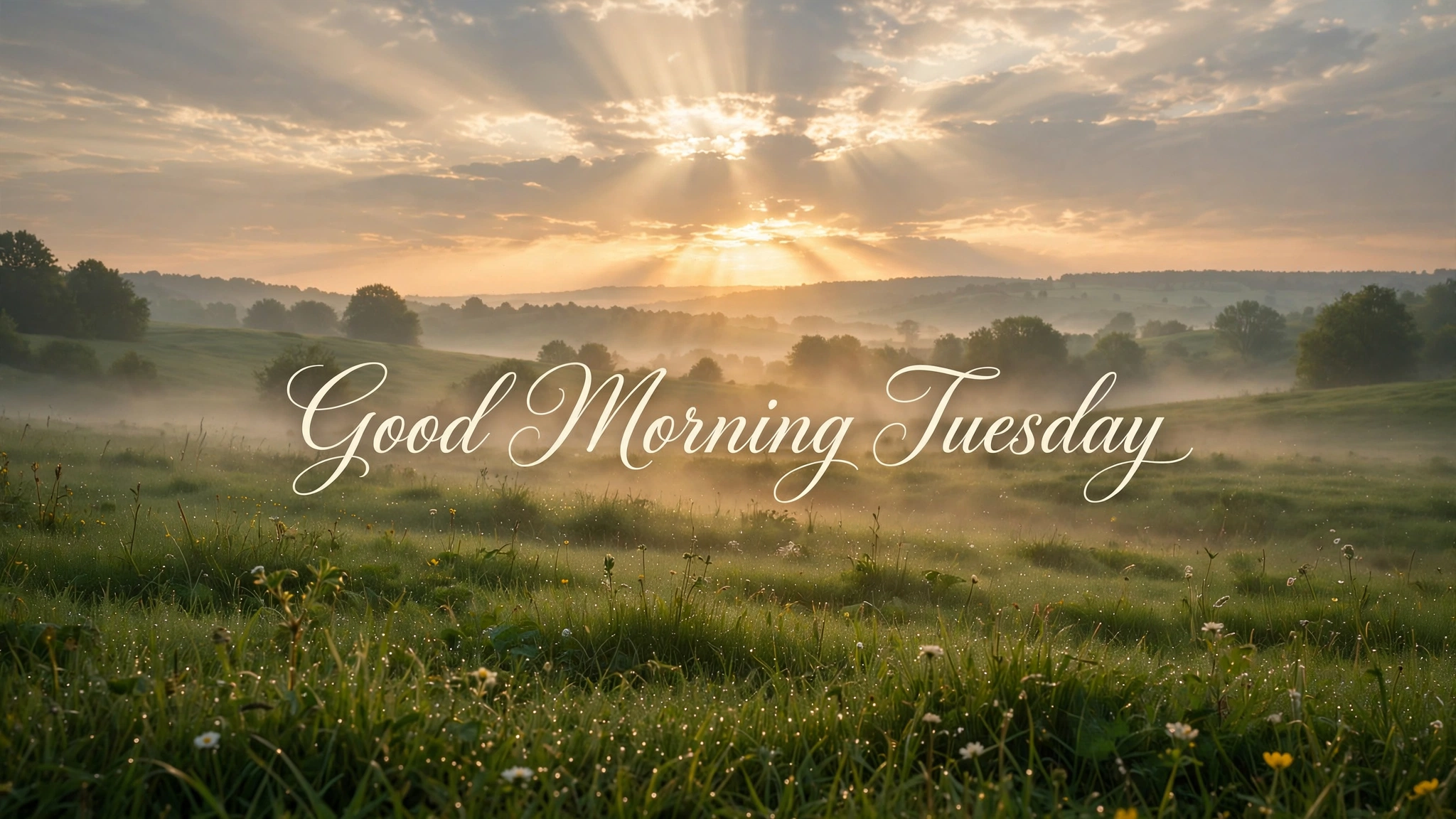 Good Morning Tuesday blessing image — sunrise over a misty meadow