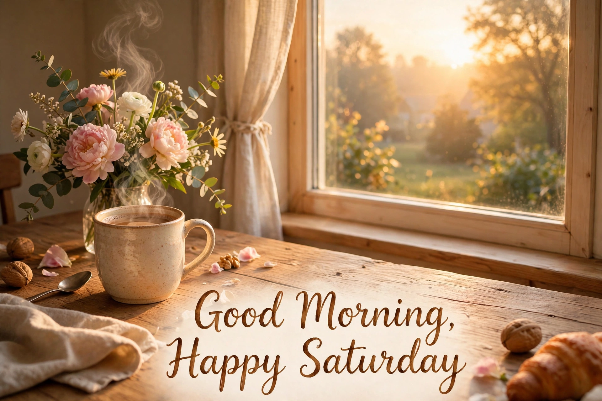 Good Morning Happy Saturday blessing image — sunrise with coffee and flowers