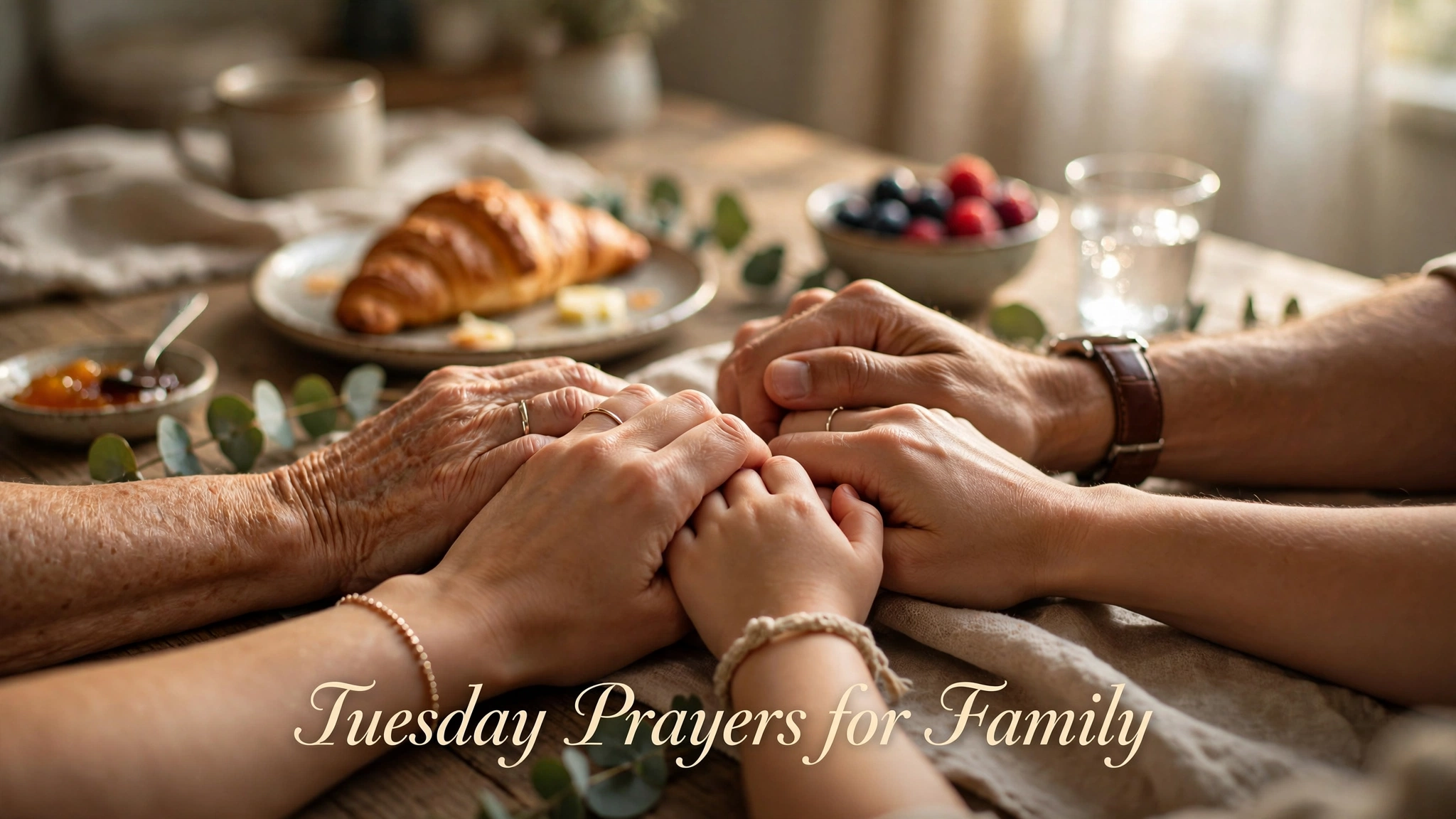 Tuesday Prayers for Family image — family hands joined in prayer at breakfast