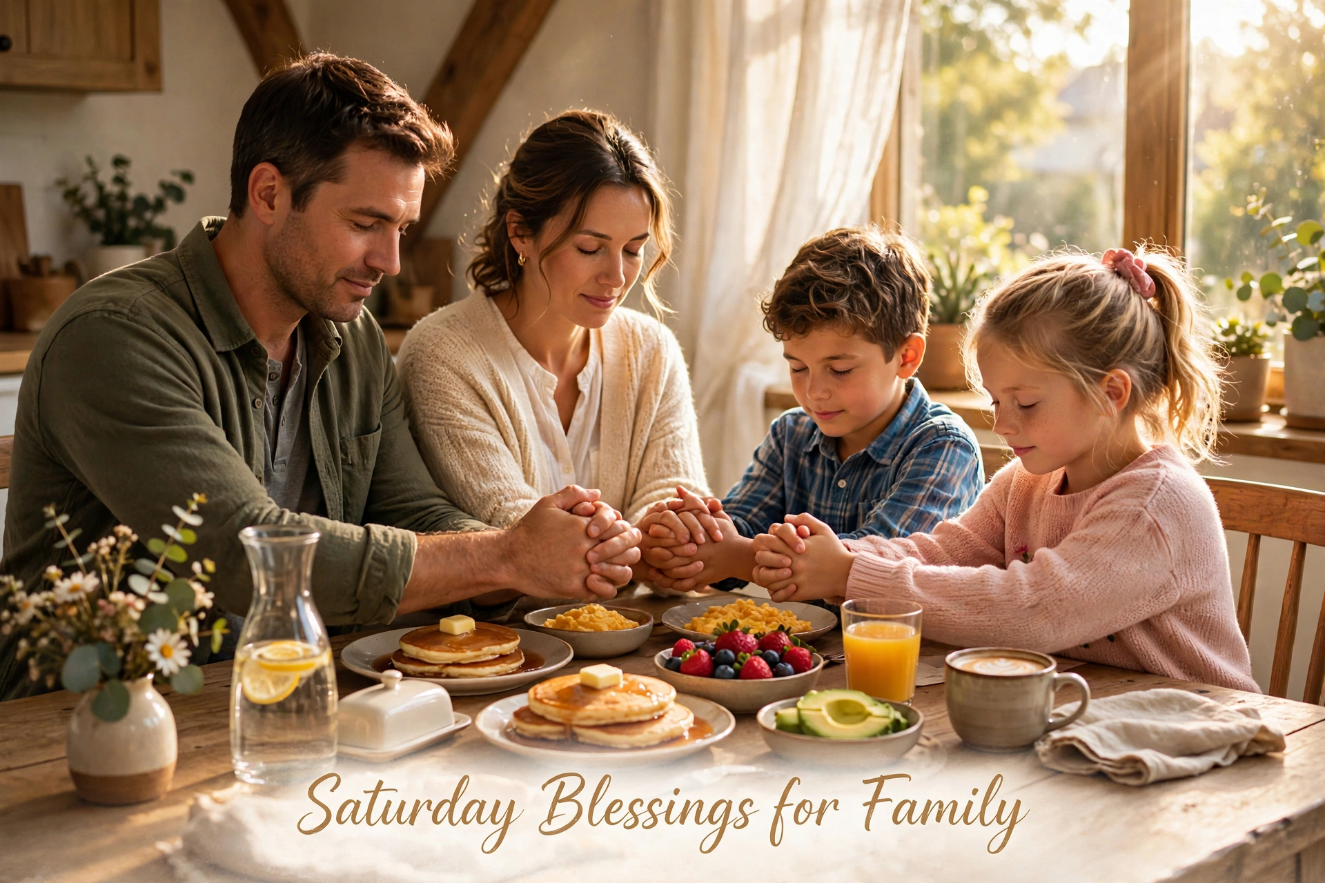 Saturday Blessings for Family image — family breakfast with hands joined in prayer